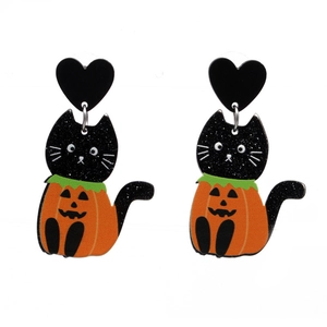 Boucles d'oreilles Halloween en acrylique avec chat noir et citrouille et cœurs
