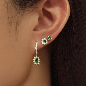 Elegant 925 silver gold-plated earrings set with green emerald zircon and sparkling crystals