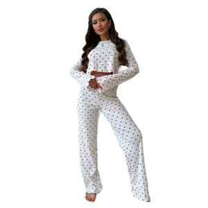 Women's two-piece heart print pajamas set with flared long sleeves and wavy edges