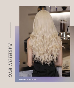 Detailed back view of long platinum blonde wavy wig with natural water wave textures