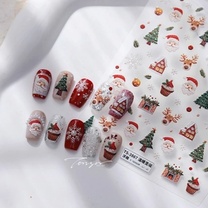 Stickers à ongles 3D en relief pour Noël avec motifs de Père Noël, rennes et flocons