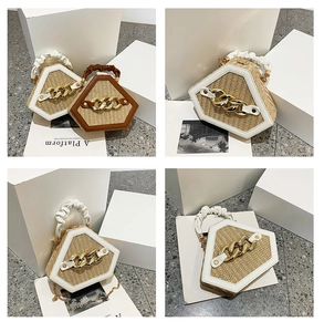 Polygonal straw handbag set in beige and brown with elegant gold chain and ruched handles