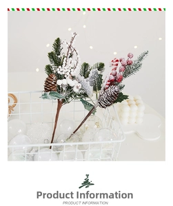 Detail of Christmas spray with pine cones, red berries, and snow-dusted leaves in white basket