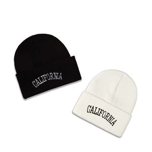 Set of two ribbed knit beanies in black and beige with California embroidery detail