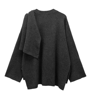 Dark grey knitted oversized top with unique asymmetrical scarf collar detail on white background