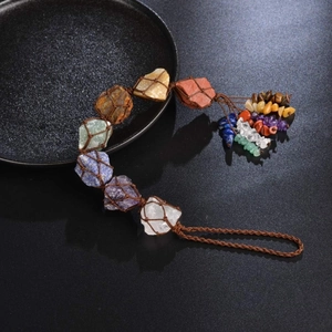 Seven Chakra raw stone wall hanging with life tree weave and natural crystal pendant
