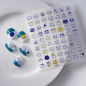 5D embossed cartoon cat nail stickers with blue and yellow cute kittens for DIY manicures