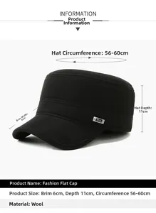 Detailed size parameters of the black wool flat cap showing brim and crown measurements