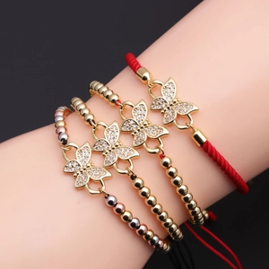 Butterfly Charm Bracelet Copper Zircon Micro Pave Adjustable Woven Rope Boho Jewelry For Women