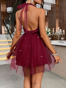 Back view of burgundy sequin tulle mini dress featuring halter neck and open back design