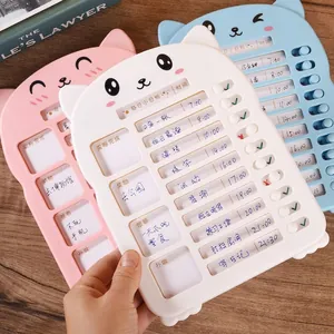 Cat shaped daily task checklist for kids with sliding buttons in blue pink and white
