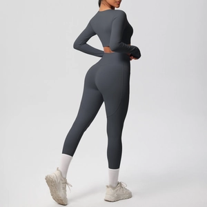 Detail showing grey brushed elastic fabric and seamless stitching on yoga set