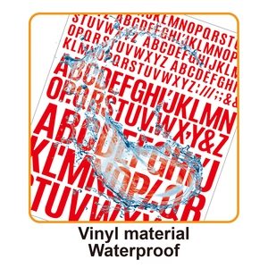 Waterproof red vinyl alphabet stickers shown with dynamic water splash effect