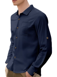 Detail of navy linen shirt with side view, featuring breathable texture and brown buttons
