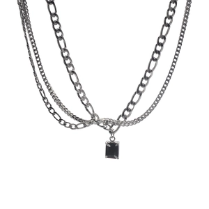 Multi-layer silver titanium steel necklace with black gemstone pendant for men and women