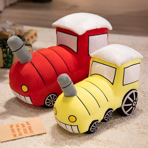 Cartoon plush train toy set with cute expressions, red and yellow soft car dolls