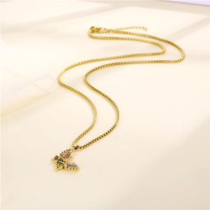 Gold box chain necklace featuring a butterfly pendant with colorful zircon stones
