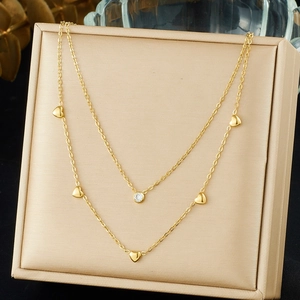 Vergoldete Edelstahl Doppellagige Halskette Mit Herzanhängern Und Zirkon Elegante Minimalistische Damen Schmuck