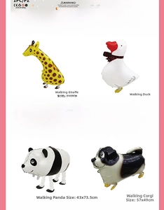Detailed size specifications for walking animal balloons including giraffe panda and dog