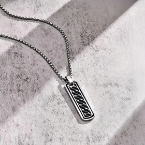 Vintage stainless steel square pendant necklace with black wave pattern on silver chain