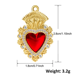 Technical dimensions of gold heart pendant with red stone and cubic zirconia inlay