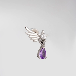 Titanium steel stud earring with purple zircon butterfly and silver wing design