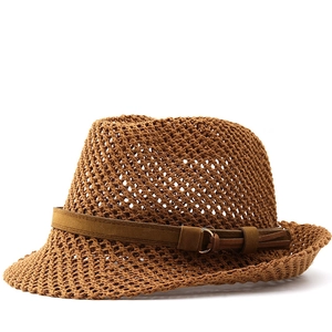 Summer Sun Protection Fedora Hat Hollow Out Breathable Straw Textured Jazz Hat With Decorative Belt For Men Women