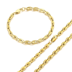 18k gold plated stainless steel oval link chain necklace and bracelet jewelry set