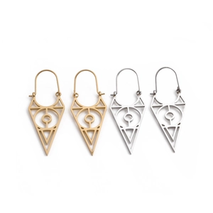 Minimalist geometric triangle and eye earrings in polished gold and silver finishes