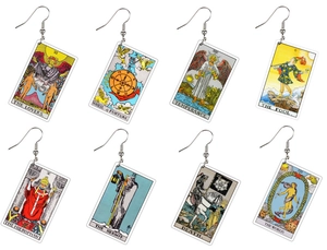 Set of 8 pairs of acrylic tarot card earrings with vintage artwork and stainless hooks