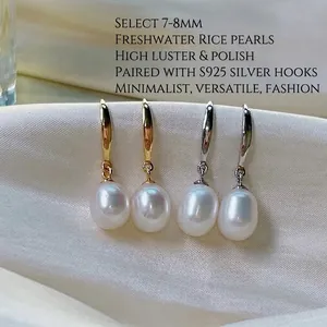 Elegante 7-8mm Süßwasser-Reisperlen-Ohrringe mit S925 Silberhaken in Gold und Silber
