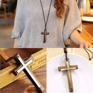 Vintage brown wood and gold metal cross pendant necklace with dark woven cord for unisex wear