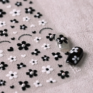 French retro black and white 5-petal flower nail stickers with pearl and heart designs