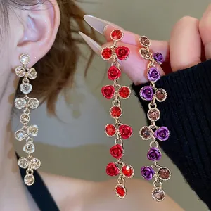 Rose Flower Tassel Dangle Earrings Alloy Rhinestone French Vintage With 925 Sterling Silver Earring Post For Women Elegant