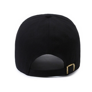 Rear view of black cotton baseball cap with adjustable strap and vintage copper buckle