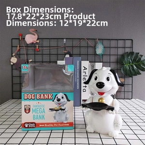 Robotic dog money box and colorful retail packaging with product size dimensions