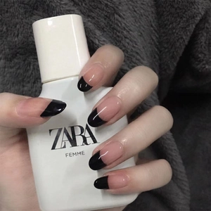 Faux Ongles French Tip Nude Et Noir Forme Amande Ongles Brillants Pour Femmes Couverture Complète Ongles Artificiels