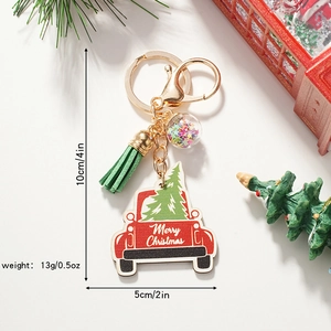 Christmas pickup truck wooden keychain with green tassel and sequin star ball charm