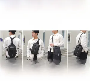 Detail view of versatile black chest bag for men showing four different wearing styles