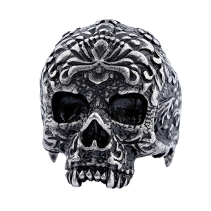 Vintage stainless steel skull ring with intricate floral embossed details in silver