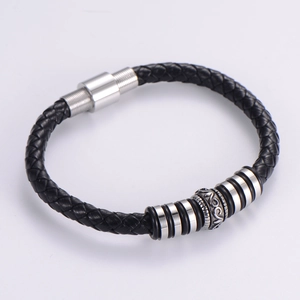 Men Woven Leather Bracelet Stainless Steel Magnetic Clasp Punk Style Vintage Engraved Fashion Jewelry