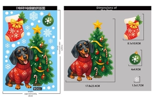Size chart for Christmas dachshund dog and festive tree static window sticker decals