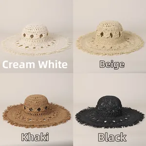 Cappelli da spiaggia a tesa larga intrecciati a mano in crema, beige, kaki e nero