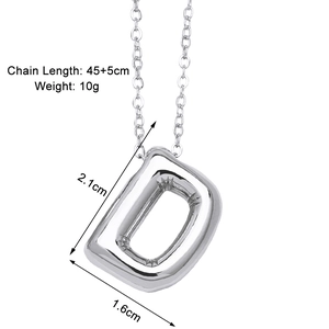 Silver puff letter D necklace with dimensions 2.1x1.6cm and 45+5cm chain details