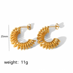 Gold spiral spring hoop earrings in stainless steel, 25mm diameter and 11g weight