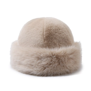 Plush faux fur winter hat in light beige with a warm thick Mongolian style design