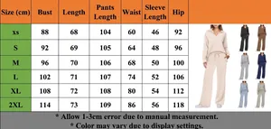 Detailed size chart for women's long sleeve lounge set with multi-color model swatches