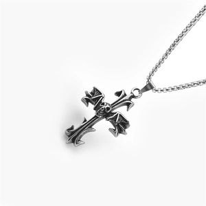 Punk style stainless steel cross and skull necklace pendant with a silver box chain