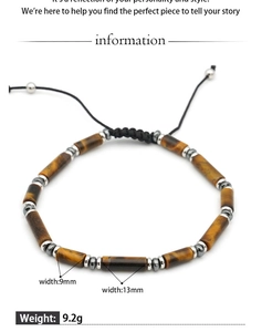 Detail of natural tiger eye stone beads on an adjustable black woven bracelet cord