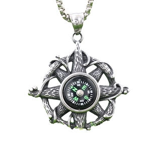 Compass pendant necklace in vintage silver stainless steel with star metal frame
